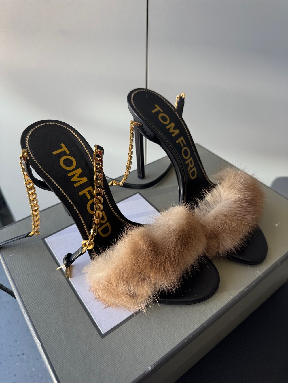Tom Ford Black Sandals with Brown Fur and Gold Chain Strap